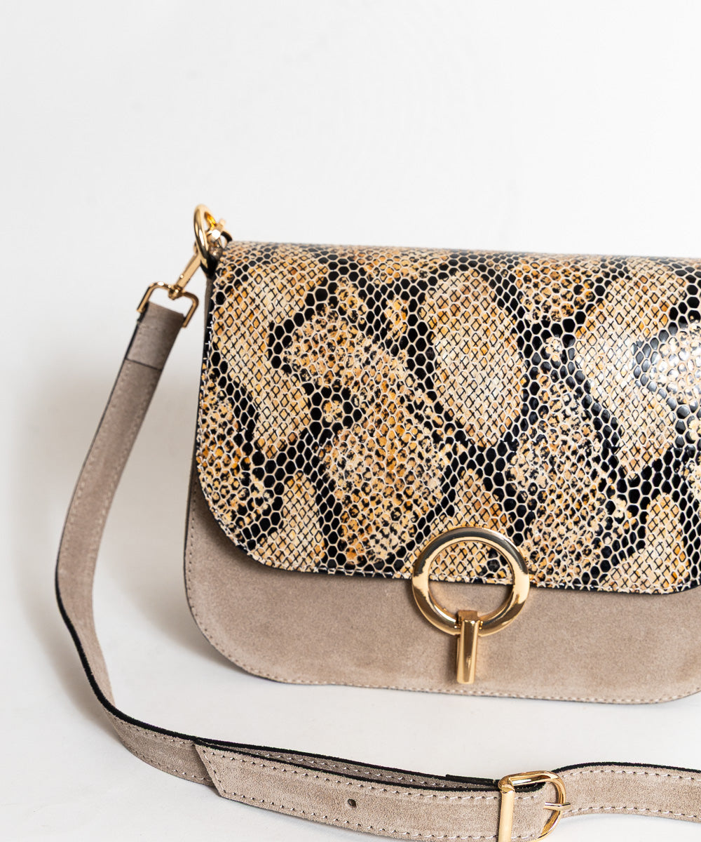 Bež siva torbica Monako - crno smeđi Zmijski uzorak / 136